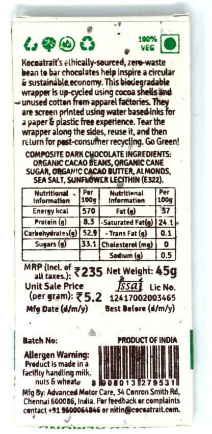 Kocoatrait 73% Dark Almond & Sea Salt Chocolate